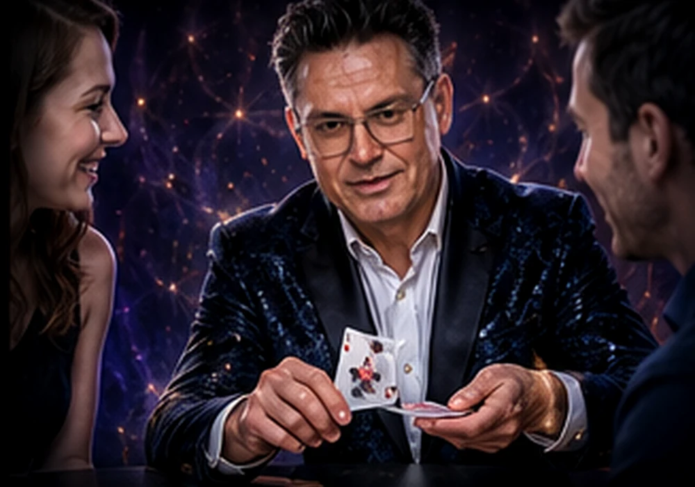 John O'Toole performing close-up card magic for guests